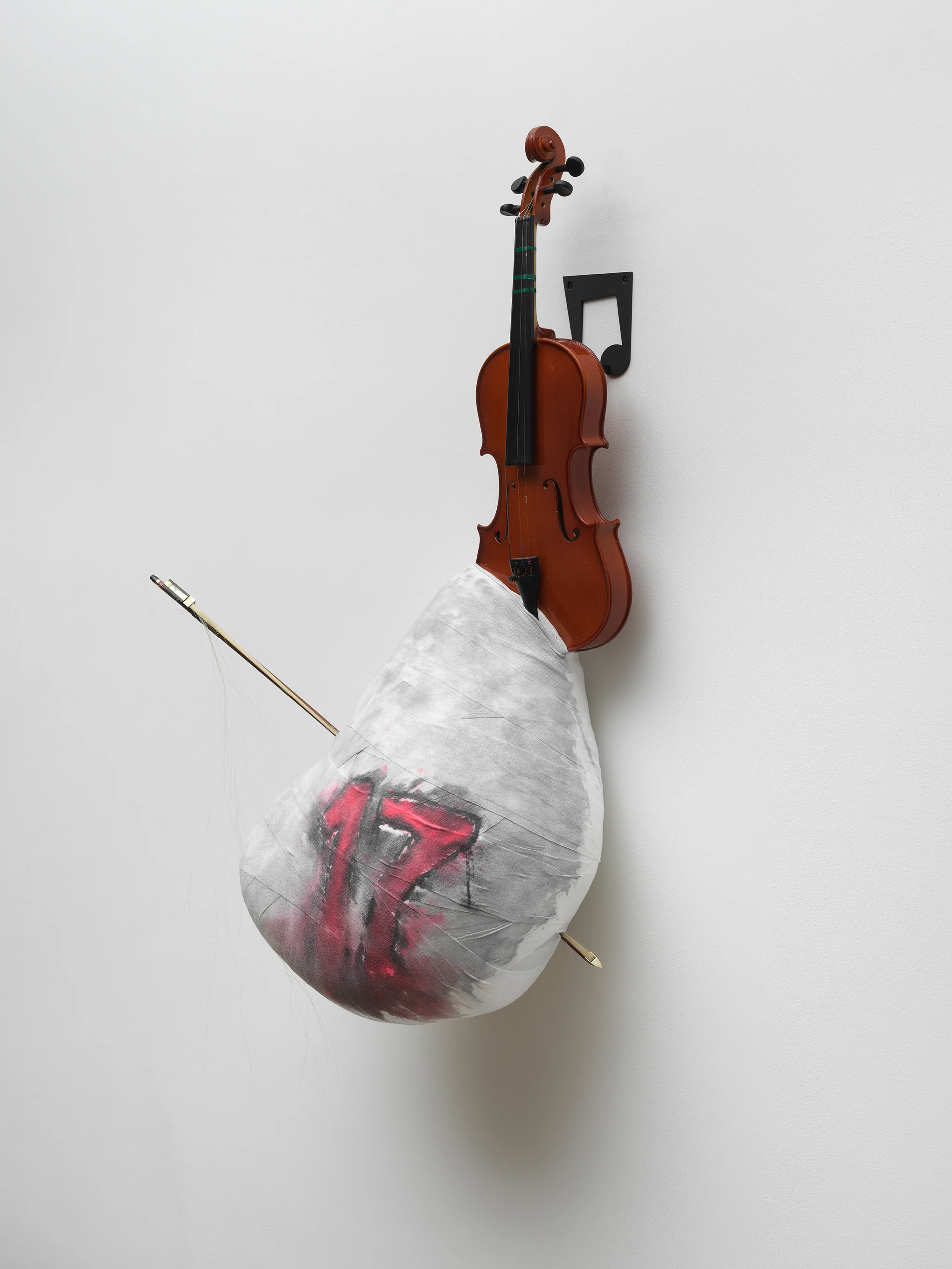 Louis Osmosis, Swollen Violin (Jersey), 2023, Reclaimed violin & bow, reinforced paper-mache, acrylic on gauze, powder-coated steel , 40 x 21 x 13 in 101.6 x 53.3 x 33 cm