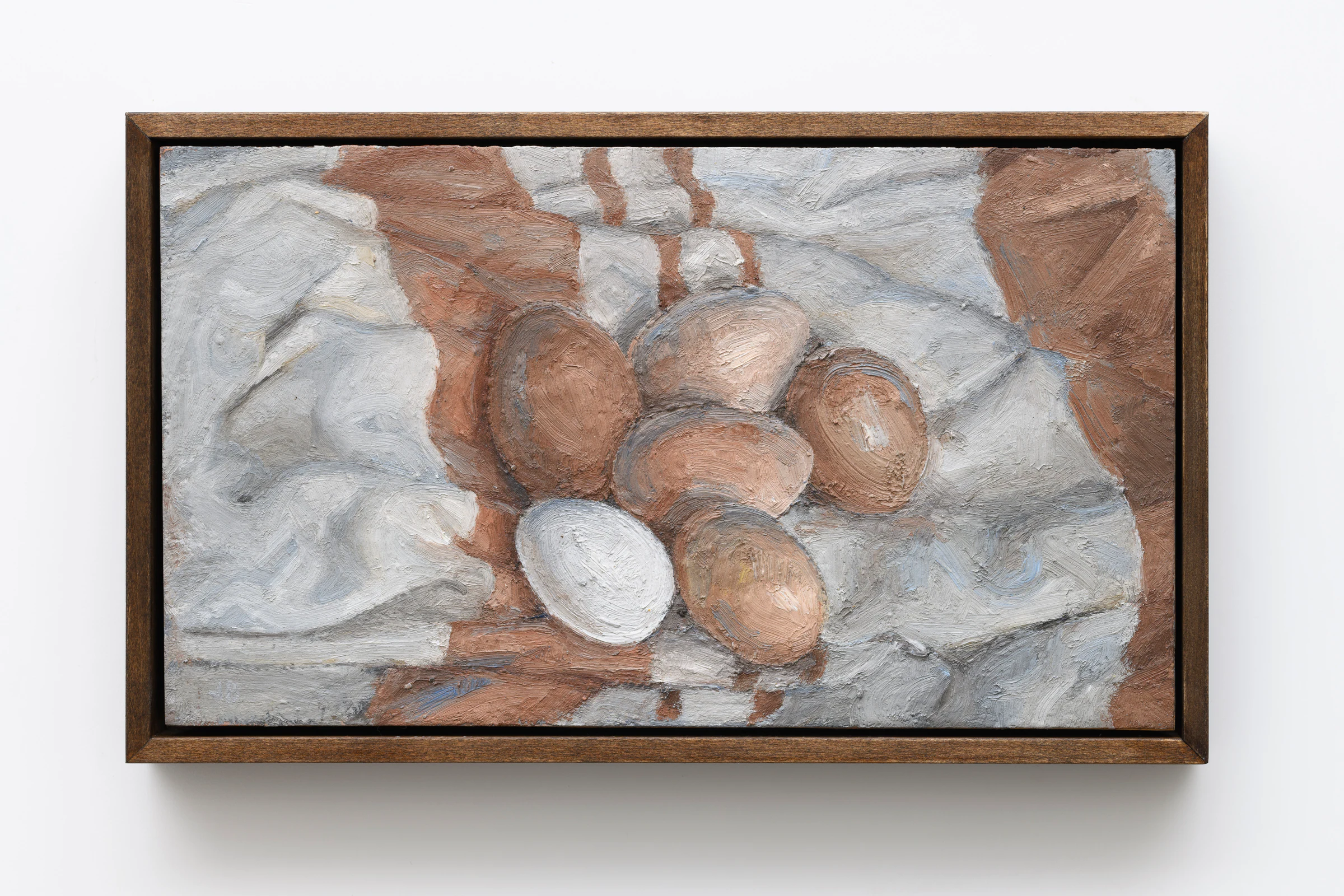 Justin Bradshaw, Stoffa a strisce con sei uova, 2025, Oil on copper, 8 x 13 3/4 in 20.2 x 35 cm