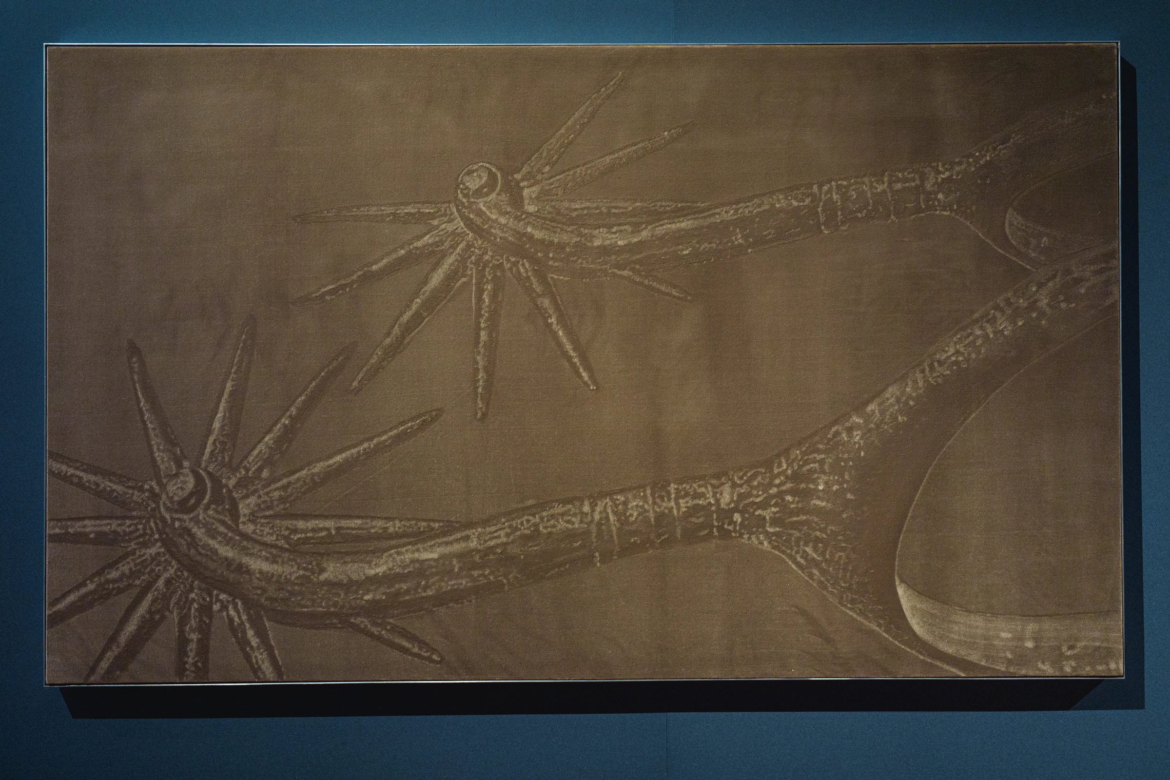 Leonardo Meoni, Spurs, 2024, Mixed media on velvet, 86 5/8 x 51 3/16 in, 220 x 130 cm