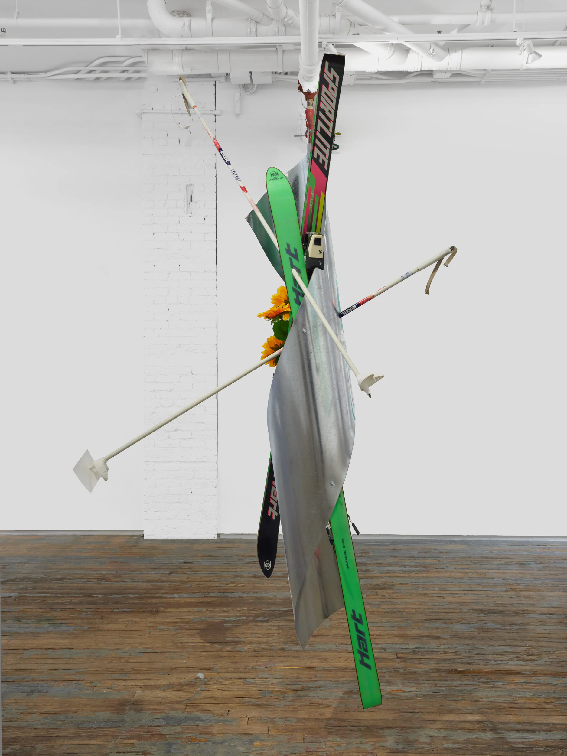 Louis Osmosis,Centrifugal Pickle #3, 2025, Galvanized steel. skis, ski poles, artificial flower, spray paint, hardware, photograph, 91 x 52 x 16 in 231 x 132 x 41 cm