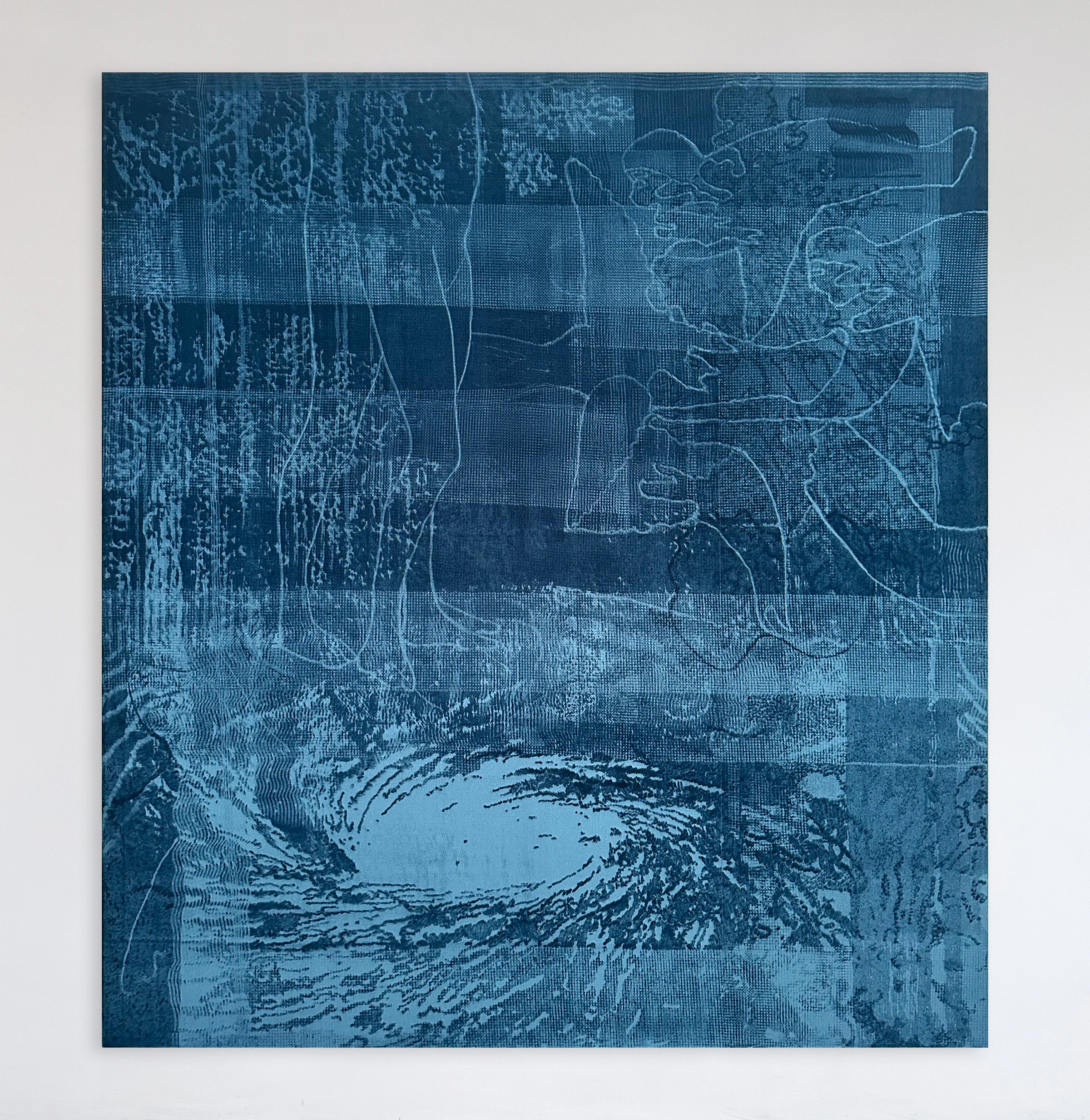 Leonardo Meoni, Maelström II, 2023, Mixed media on velvet, 86 5/8 x 78 3/4 in, 220 x 200 cm