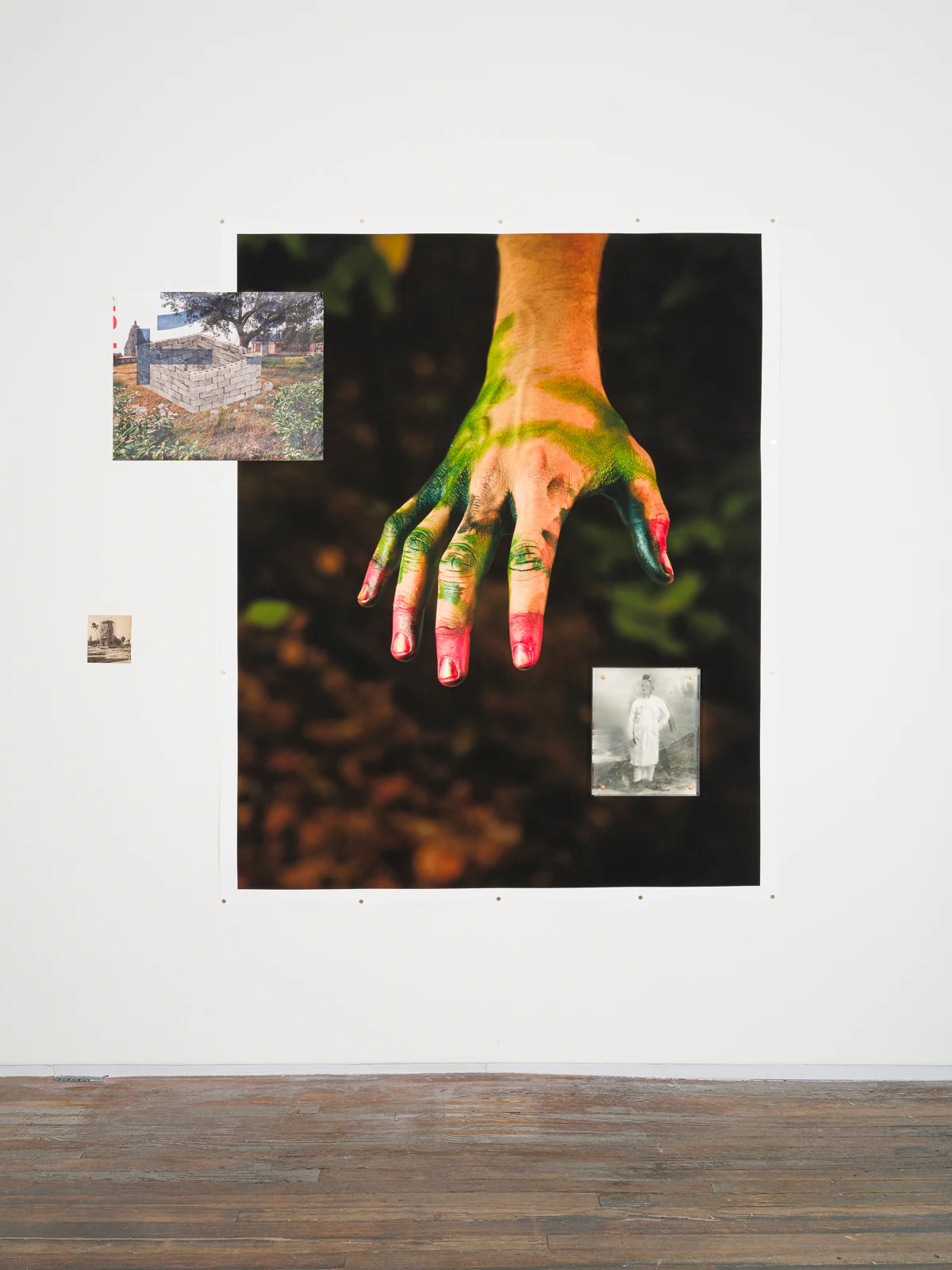 Miraj Patel, Untitled, 2022, Collage of archival inkjet prints, UV printed Tyvek, laser etched acrylic, silver gelatin print, found photo, and custom brass hardware , 78 x 78 in, 198.1 x 198.1 cm