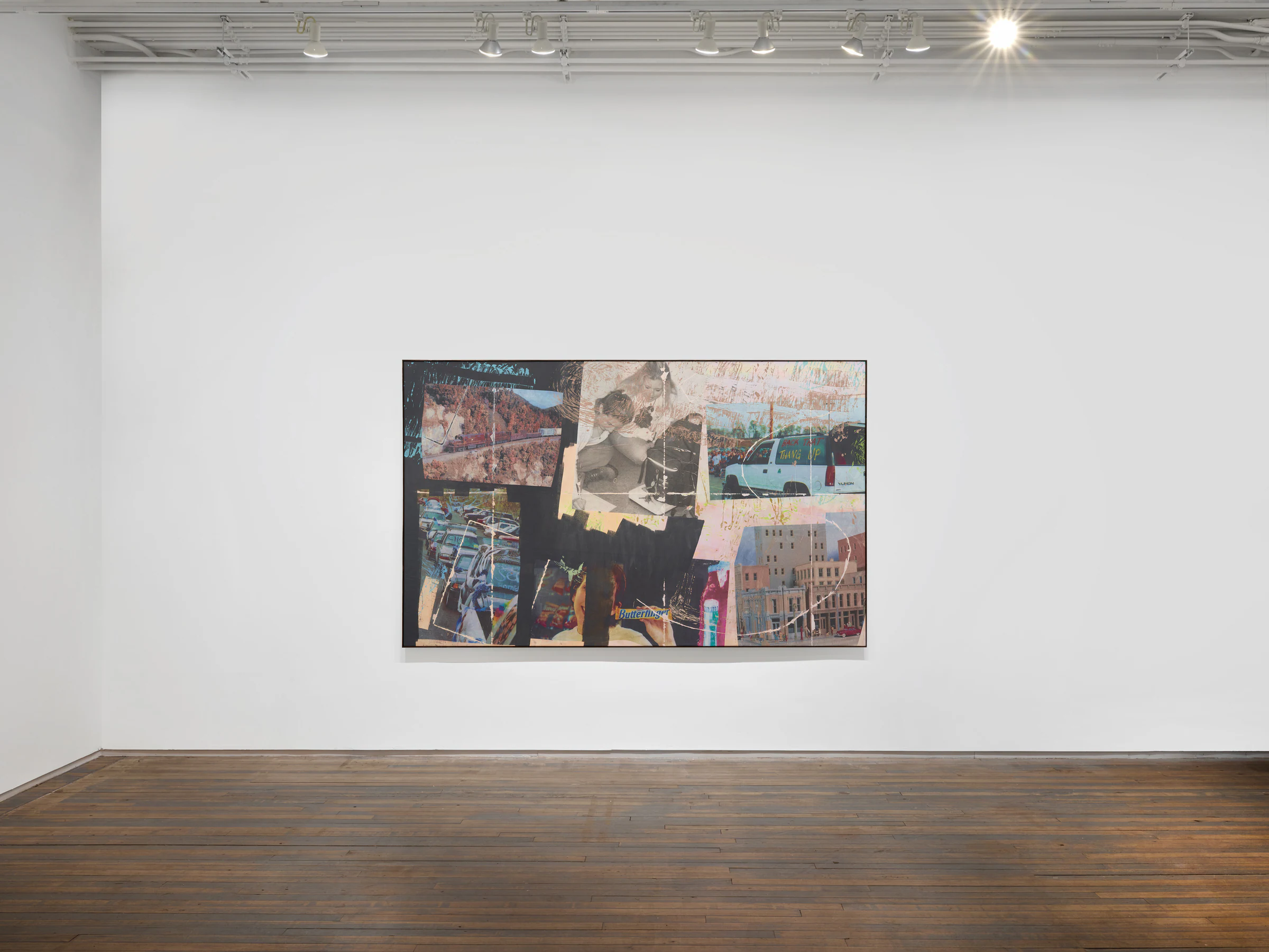 Ben Werther, Gas Station Laundromat, 2025, Acrylic and collage on canvas, 61 x 100 in 155 x 254 cm