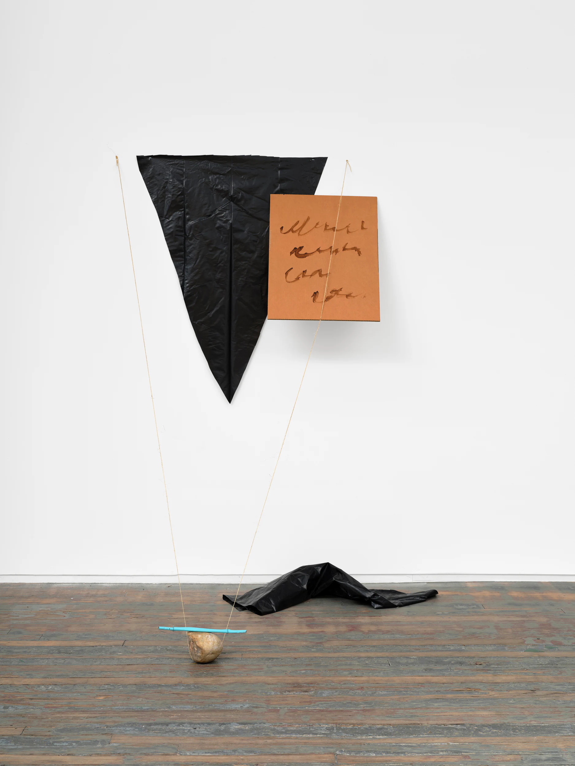 Richard Tuttle, Prong, 18, 2024, Cardboard, acrylic paint, plastic, wire, twine, rock, metal tubing, staples, 73 1/2 x 45 x 39 in, 186.7 cm x 114.3 cm x 99.1 cm