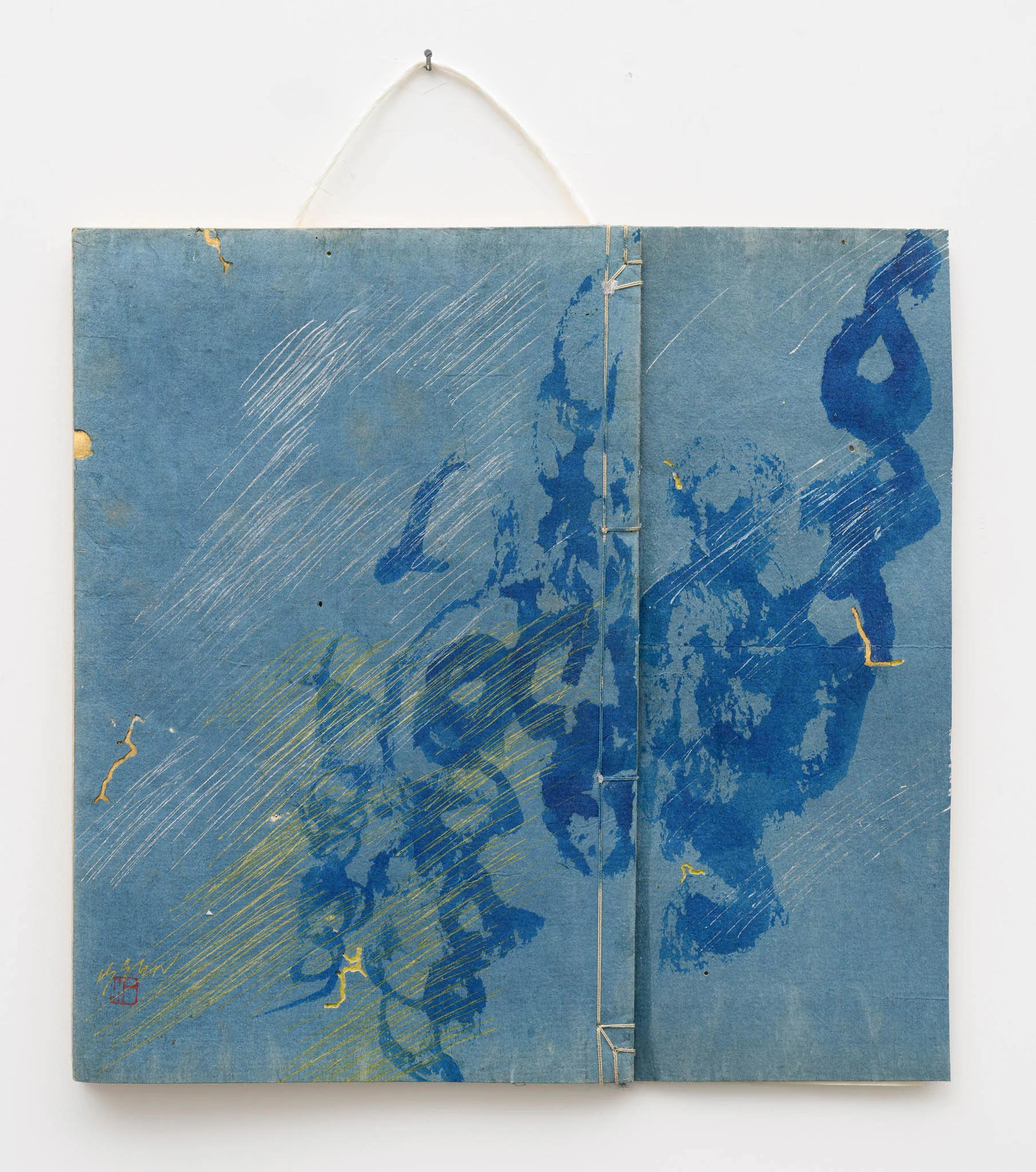 Issen Nishigaki, 結 Musubu, 2025, Sumi ink on antique manuscripts, 9 7/8 x 10 1/4 in 25 x 26 cm