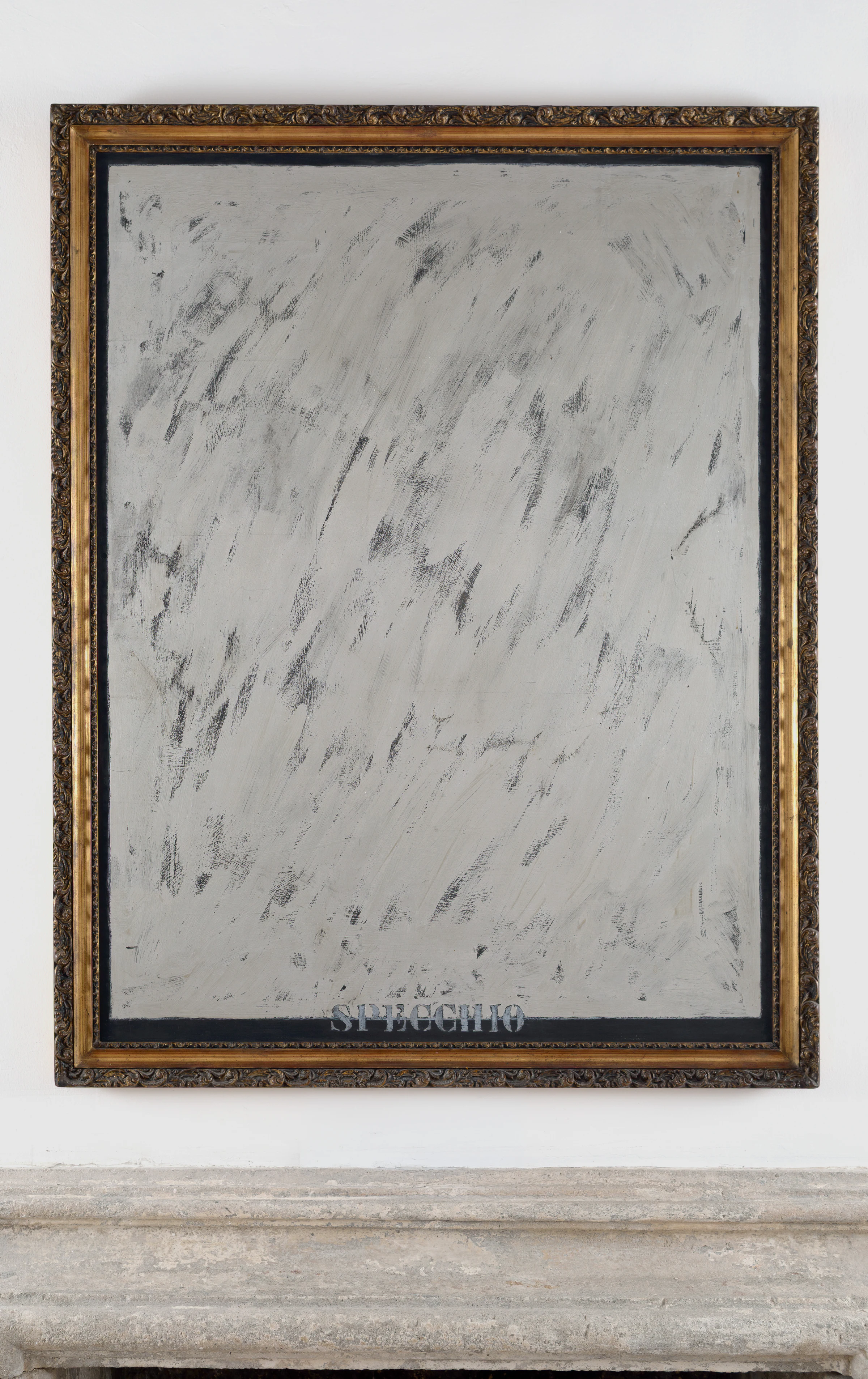 Tano Festa, Specchio, 1963, Silver lacquer on wooden panel, 113x 145 x 4 cm; 44 1/2 × 57 1/8 × 1 5/8 in