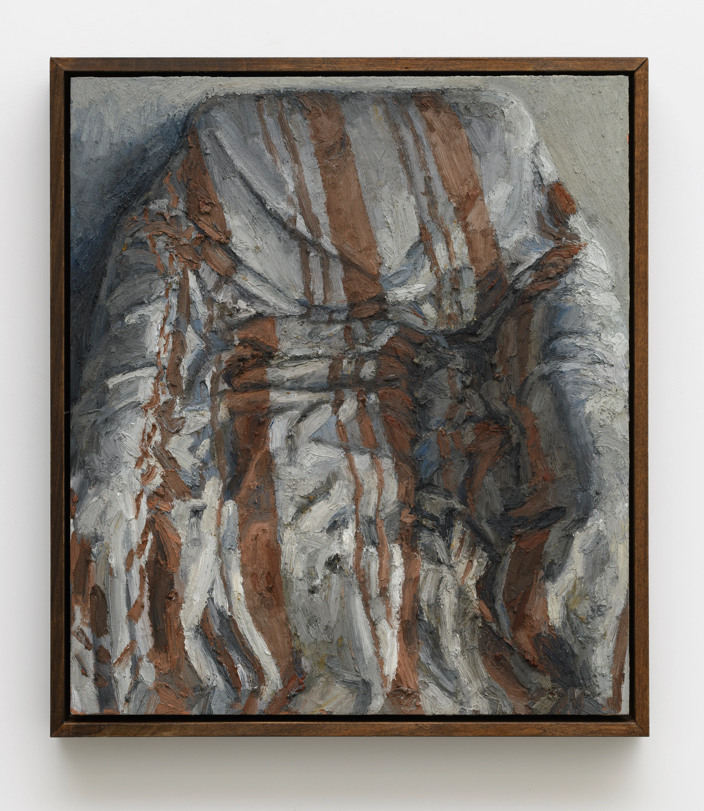 Justin Bradshaw, Poltrona cedente con drappeggio a strisce, 2025, Oil on copper, 15 7/8 x 13 7/8 in 40.2 x 35.3 cm