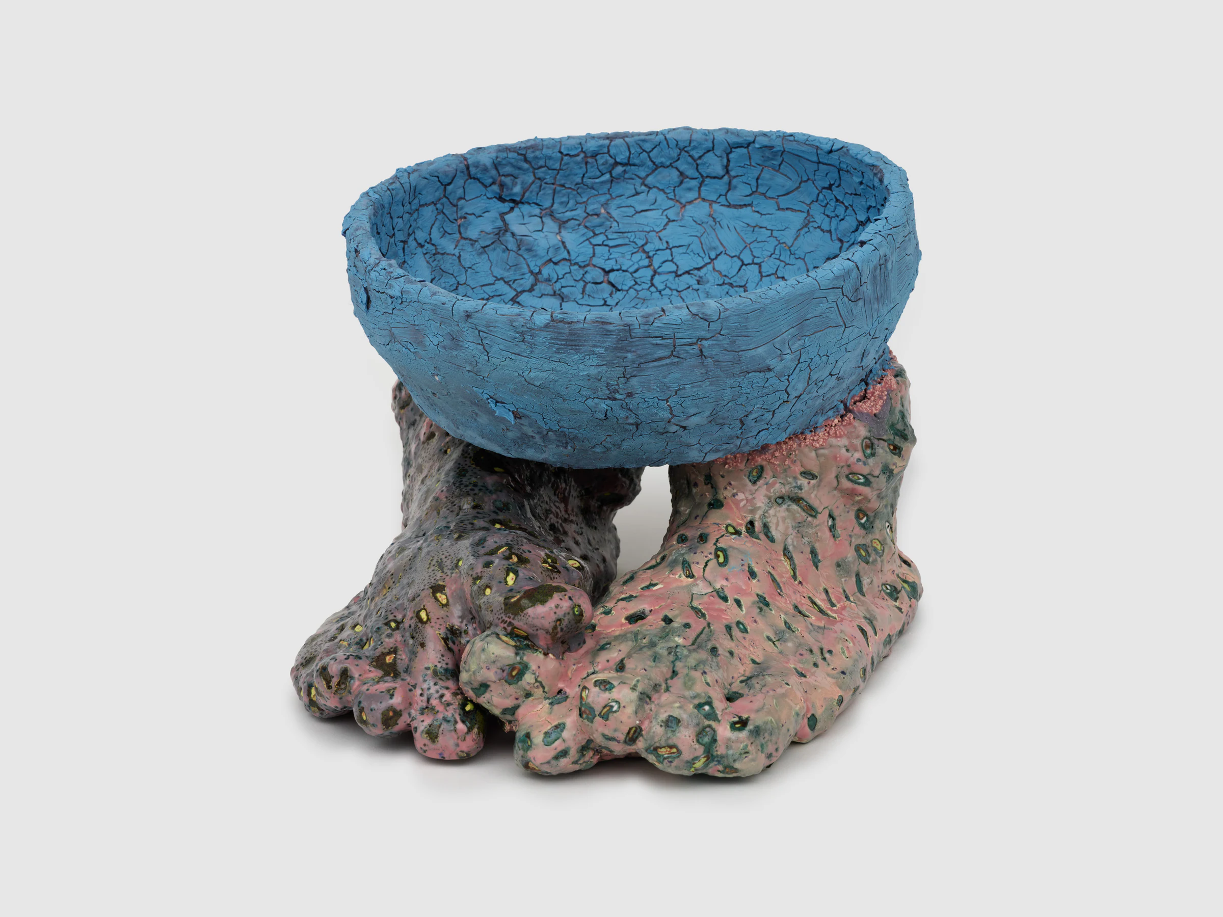 Adrian Schachter, Bowl with human feet, 2024, Glazed ceramic and enamel, 7 1/2 x 11 1/2 x 10 in 19 x 29 x 25.5 cm